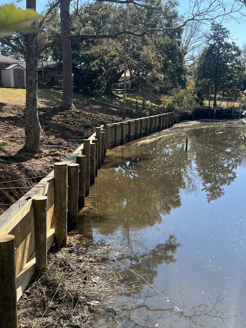 Curved wooden bulkhead following a bayou bank, reflected in still water